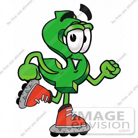 #23691 Clip Art Graphic of a Green USD Dollar Sign Cartoon Character Roller Blading on Inline Skates by toons4biz