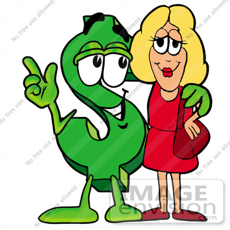 #23692 Clip Art Graphic of a Green USD Dollar Sign Cartoon Character Talking to a Pretty Blond Woman by toons4biz