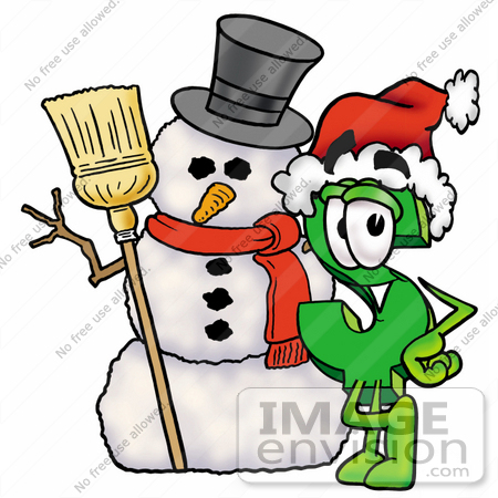 #23693 Clip Art Graphic of a Green USD Dollar Sign Cartoon Character With a Snowman on Christmas by toons4biz