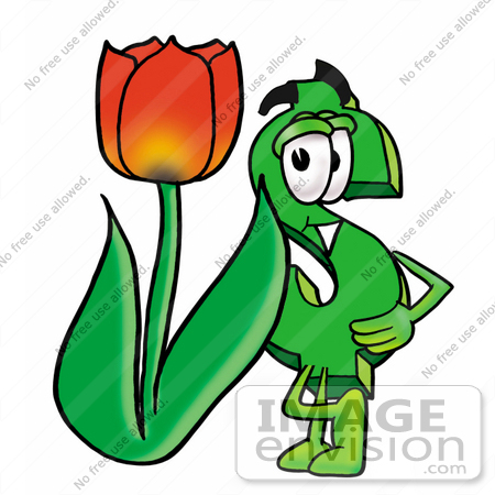 #23696 Clip Art Graphic of a Green USD Dollar Sign Cartoon Character With a Red Tulip Flower in the Spring by toons4biz