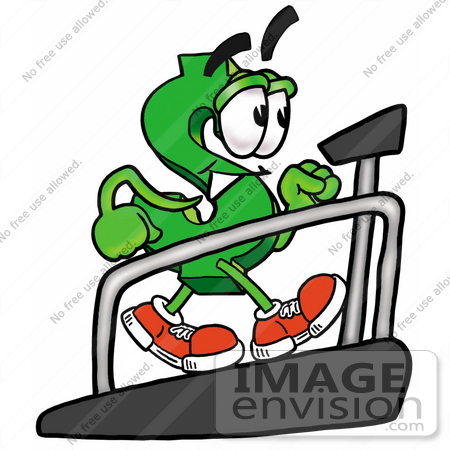 #23699 Clip Art Graphic of a Green USD Dollar Sign Cartoon Character Walking on a Treadmill in a Fitness Gym by toons4biz