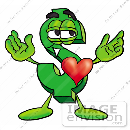 #23702 Clip Art Graphic of a Green USD Dollar Sign Cartoon Character With His Heart Beating Out of His Chest by toons4biz
