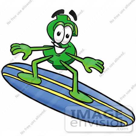 #23703 Clip Art Graphic of a Green USD Dollar Sign Cartoon Character Surfing on a Blue and Yellow Surfboard by toons4biz