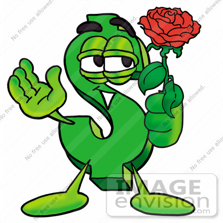 #23704 Clip Art Graphic of a Green USD Dollar Sign Cartoon Character Holding a Red Rose on Valentines Day by toons4biz