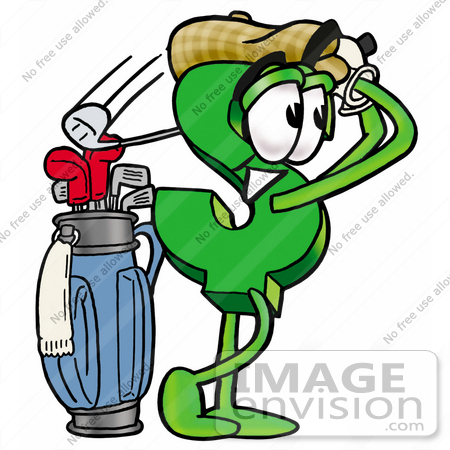 #23705 Clip Art Graphic of a Green USD Dollar Sign Cartoon Character Swinging His Golf Club While Golfing by toons4biz
