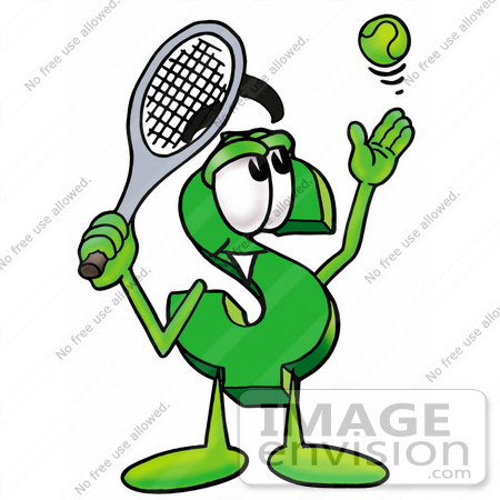 #23706 Clip Art Graphic of a Green USD Dollar Sign Cartoon Character Preparing to Hit a Tennis Ball by toons4biz