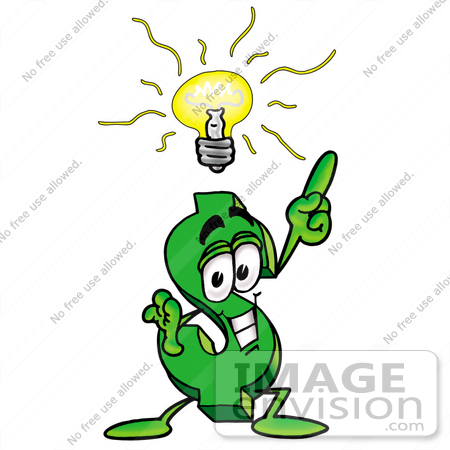 #23709 Clip Art Graphic of a Green USD Dollar Sign Cartoon Character With a Bright Idea by toons4biz
