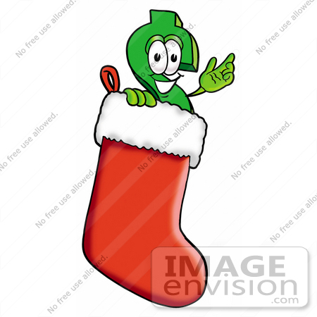 #23715 Clip Art Graphic of a Green USD Dollar Sign Cartoon Character Inside a Red Christmas Stocking by toons4biz
