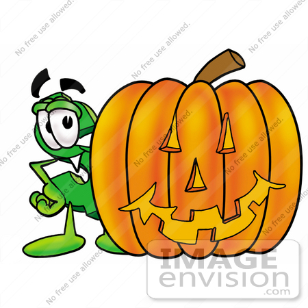 #23717 Clip Art Graphic of a Green USD Dollar Sign Cartoon Character With a Carved Halloween Pumpkin by toons4biz