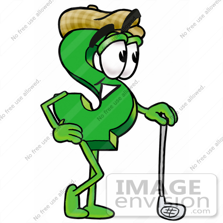 #23718 Clip Art Graphic of a Green USD Dollar Sign Cartoon Character Leaning on a Golf Club While Golfing by toons4biz