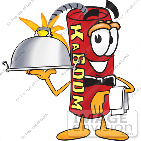 #23733 Clip Art Graphic of a Stick of Red Dynamite Cartoon Character Dressed as a Waiter and Holding a Serving Platter by toons4biz