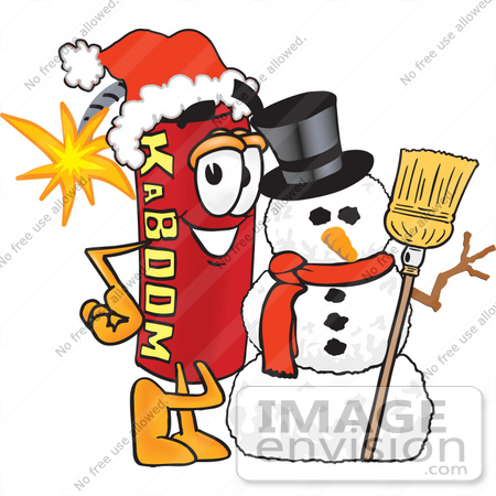 #23736 Clip Art Graphic of a Stick of Red Dynamite Cartoon Character With a Snowman on Christmas by toons4biz