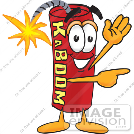 #23738 Clip Art Graphic of a Stick of Red Dynamite Cartoon Character Waving and Pointing by toons4biz