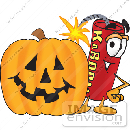 #23739 Clip Art Graphic of a Stick of Red Dynamite Cartoon Character With a Carved Halloween Pumpkin by toons4biz