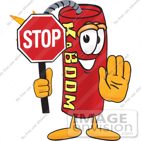 #23743 Clip Art Graphic of a Stick of Red Dynamite Cartoon Character Holding a Stop Sign by toons4biz