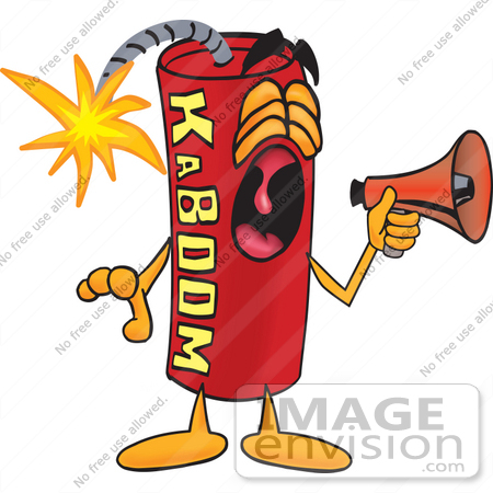 #23747 Clip Art Graphic of a Stick of Red Dynamite Cartoon Character Screaming Into a Megaphone by toons4biz