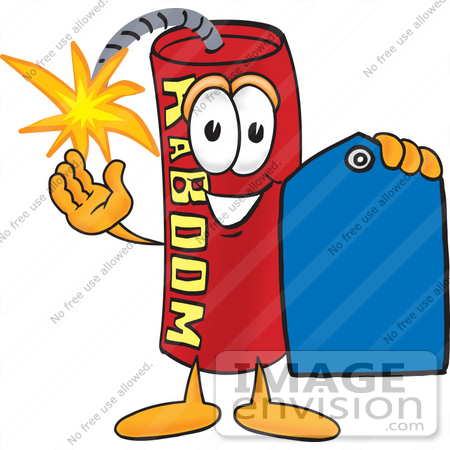 #23748 Clip Art Graphic of a Stick of Red Dynamite Cartoon Character Holding a Blue Sales Price Tag by toons4biz