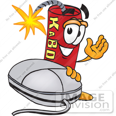 #23751 Clip Art Graphic of a Stick of Red Dynamite Cartoon Character With a Computer Mouse by toons4biz