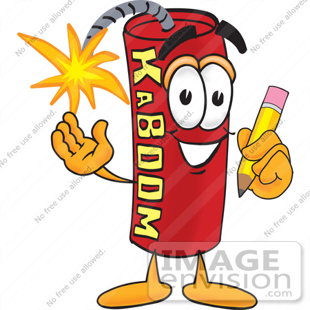 #23752 Clip Art Graphic of a Stick of Red Dynamite Cartoon Character Holding a Pencil by toons4biz