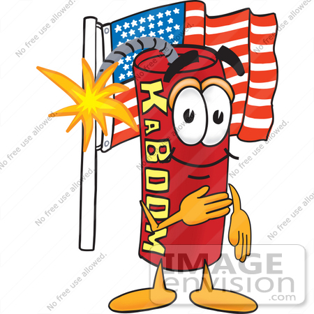 #23753 Clip Art Graphic of a Stick of Red Dynamite Cartoon Character Pledging Allegiance to an American Flag by toons4biz