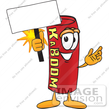 #23758 Clip Art Graphic of a Stick of Red Dynamite Cartoon Character Holding a Blank Sign by toons4biz