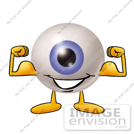 #23767 Clip Art Graphic of a Blue Eyeball Cartoon Character Flexing His Arm Muscles by toons4biz