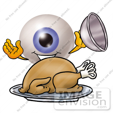 #23769 Clip Art Graphic of a Blue Eyeball Cartoon Character Serving a Thanksgiving Turkey on a Platter by toons4biz