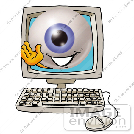 #23779 Clip Art Graphic of a Blue Eyeball Cartoon Character Waving From Inside a Computer Screen by toons4biz