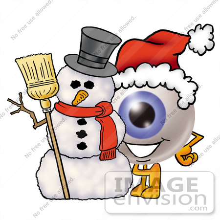 #23780 Clip Art Graphic of a Blue Eyeball Cartoon Character With a Snowman on Christmas by toons4biz