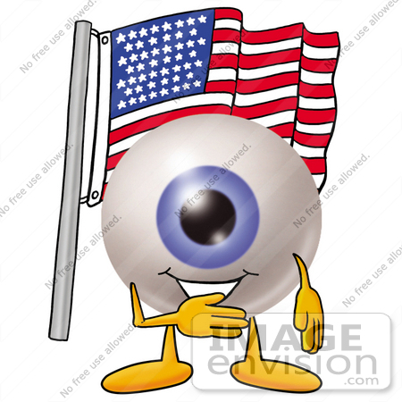#23782 Clip Art Graphic of a Blue Eyeball Cartoon Character Pledging Allegiance to an American Flag by toons4biz