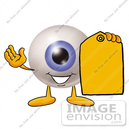#23786 Clip Art Graphic of a Blue Eyeball Cartoon Character Holding a Yellow Sales Price Tag by toons4biz