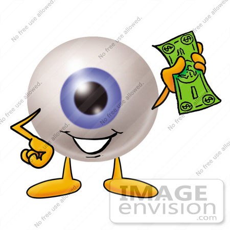 #23787 Clip Art Graphic of a Blue Eyeball Cartoon Character Holding a Dollar Bill by toons4biz