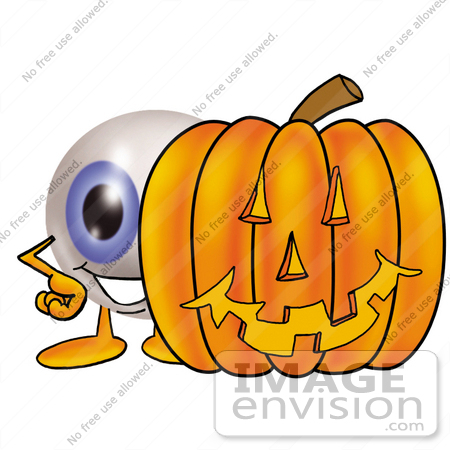 #23790 Clip Art Graphic of a Blue Eyeball Cartoon Character With a Carved Halloween Pumpkin by toons4biz