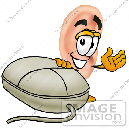 #23791 Clip Art Graphic of a Human Ear Cartoon Character With a Computer Mouse by toons4biz