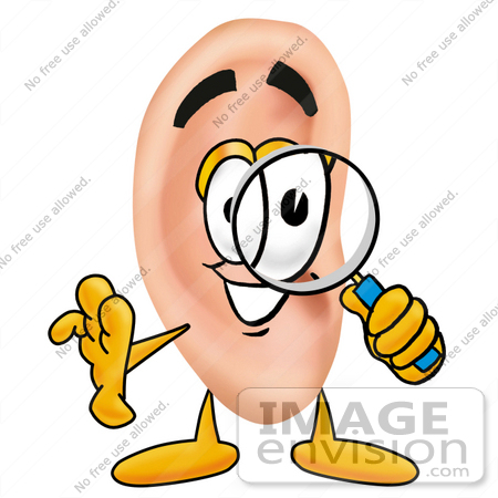 #23793 Clip Art Graphic of a Human Ear Cartoon Character Looking Through a Magnifying Glass by toons4biz