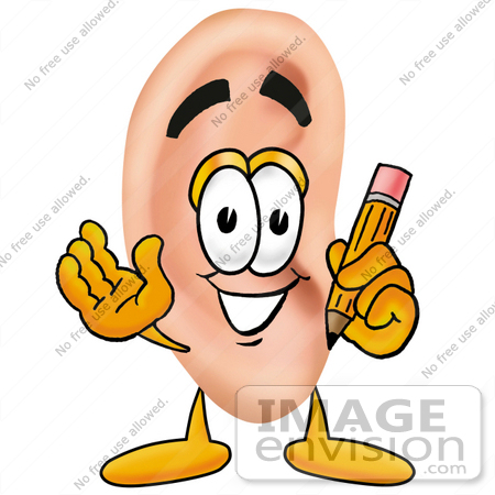 #23795 Clip Art Graphic of a Human Ear Cartoon Character Holding a Pencil by toons4biz