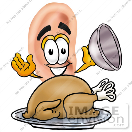 #23798 Clip Art Graphic of a Human Ear Cartoon Character Serving a Thanksgiving Turkey on a Platter by toons4biz