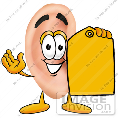 #23799 Clip Art Graphic of a Human Ear Cartoon Character Holding a Yellow Sales Price Tag by toons4biz