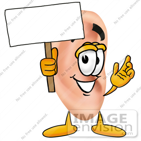 #23802 Clip Art Graphic of a Human Ear Cartoon Character Holding a Blank Sign by toons4biz
