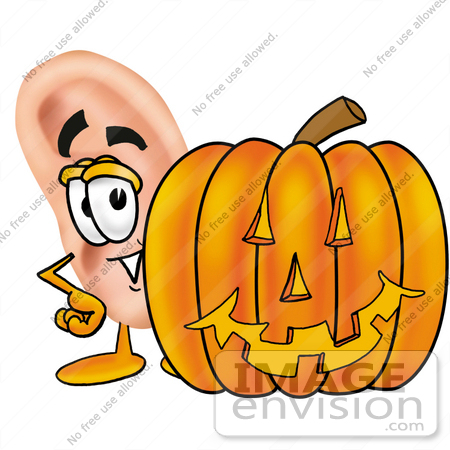 #23803 Clip Art Graphic of a Human Ear Cartoon Character With a Carved Halloween Pumpkin by toons4biz
