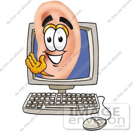 #23804 Clip Art Graphic of a Human Ear Cartoon Character Waving From Inside a Computer Screen by toons4biz