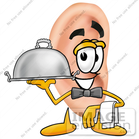 #23808 Clip Art Graphic of a Human Ear Cartoon Character Dressed as a Waiter and Holding a Serving Platter by toons4biz