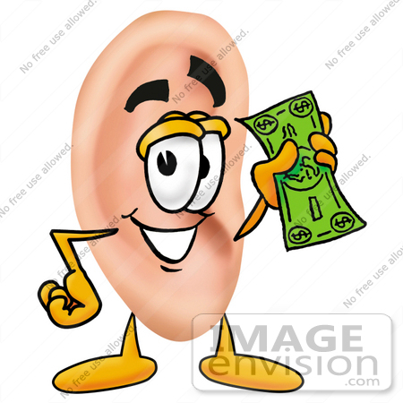 #23809 Clip Art Graphic of a Human Ear Cartoon Character Holding a Dollar Bill by toons4biz