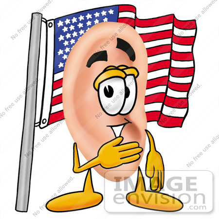 #23811 Clip Art Graphic of a Human Ear Cartoon Character Pledging Allegiance to an American Flag by toons4biz