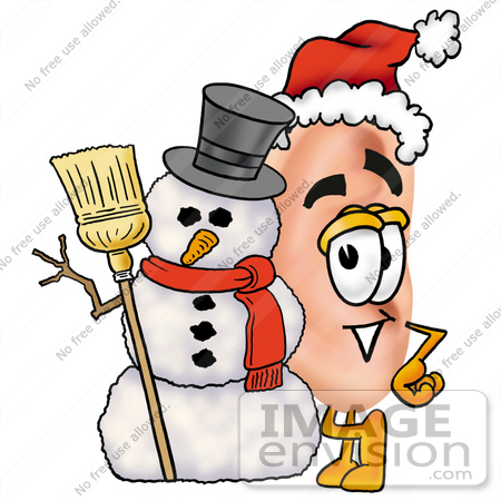 #23814 Clip Art Graphic of a Human Ear Cartoon Character With a Snowman on Christmas by toons4biz