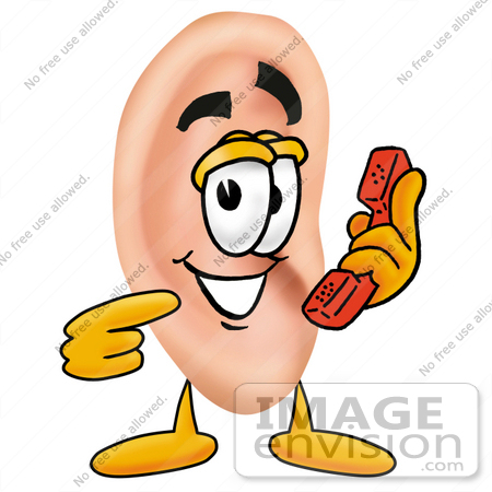 #23819 Clip Art Graphic of a Human Ear Cartoon Character Holding a Telephone by toons4biz