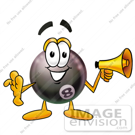 #23824 Clip Art Graphic of a Billiards Eight Ball Cartoon Character Holding a Megaphone by toons4biz