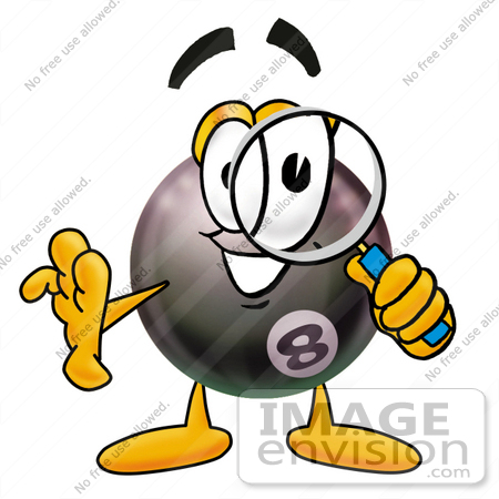#23826 Clip Art Graphic of a Billiards Eight Ball Cartoon Character Looking Through a Magnifying Glass by toons4biz