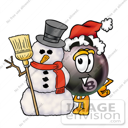 #23827 Clip Art Graphic of a Billiards Eight Ball Cartoon Character With a Snowman on Christmas by toons4biz