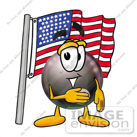 #23831 Clip Art Graphic of a Billiards Eight Ball Cartoon Character Pledging Allegiance to an American Flag by toons4biz